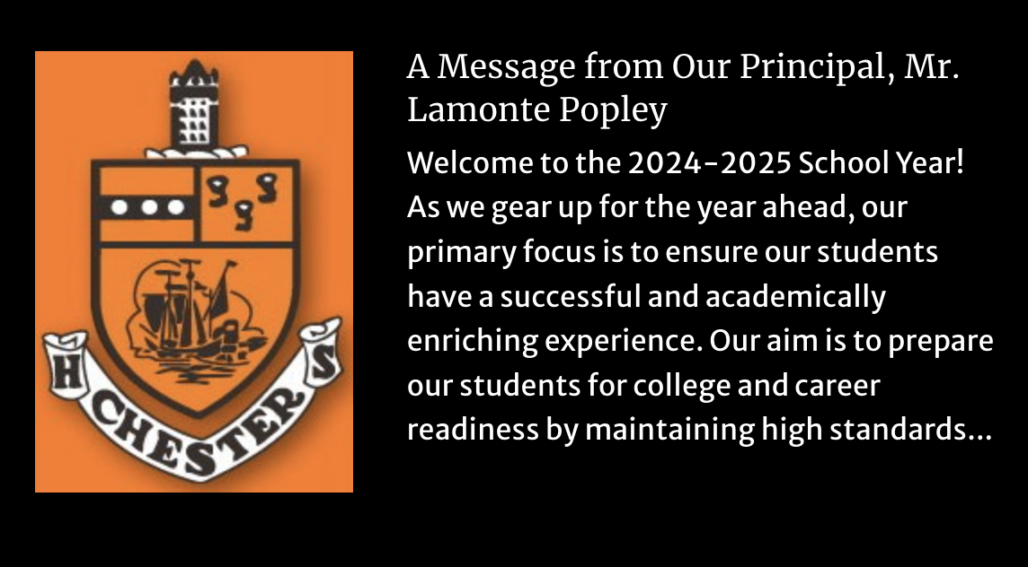 CHS logo with text that reads Welcome to the 24-25 School Year from Our Principal, Mr. Popley